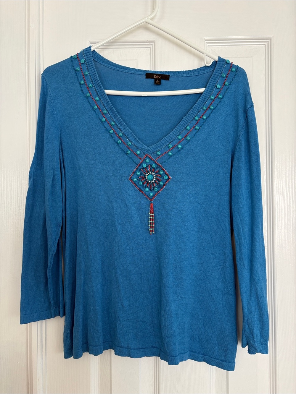 Reba Silk Cotton blend Turquoise Beaded western Southwestern lightweight sweater